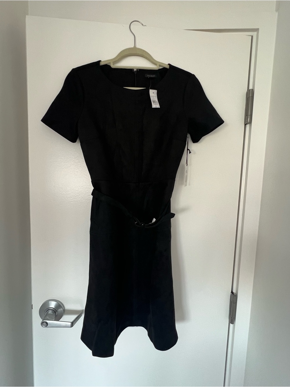 Ann Taylor Black Short-Sleeve Belted Sheath Dress